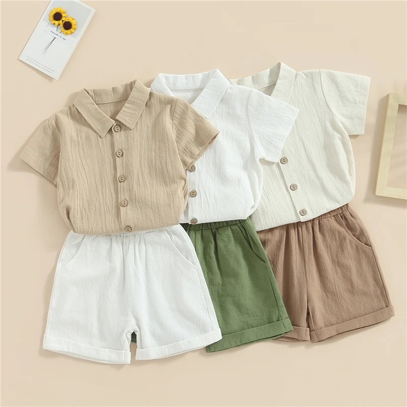 

2Pcs Toddler Kid Clothes Boys Summer Outfits Short Sleeve Button Down Lapel Shirt + Shorts Set Baby Clothing