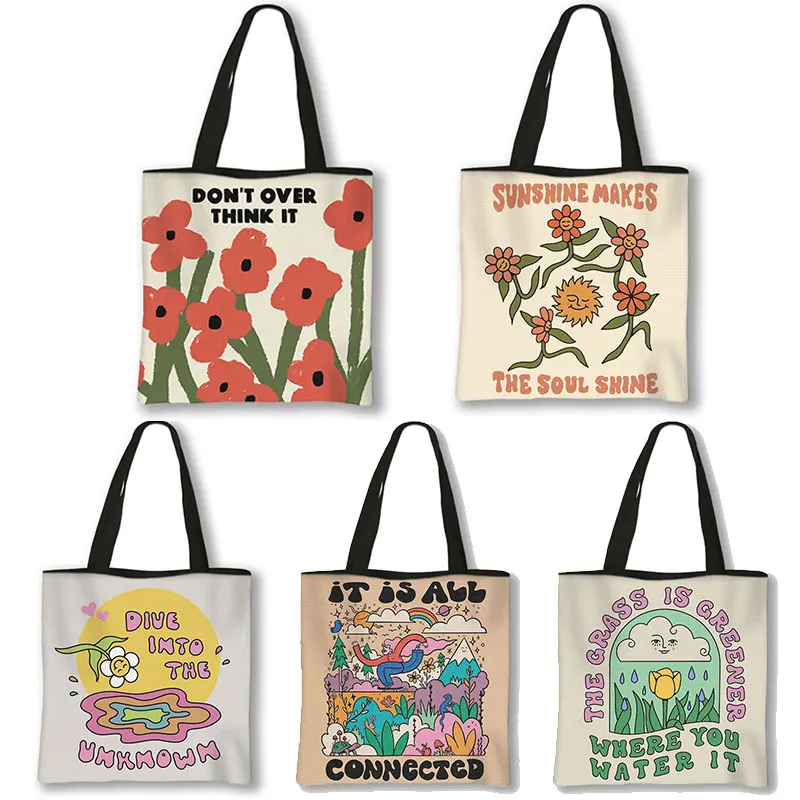 

Don't Over Think It Flower Print Shoulder Bag Women Harajuku shopper Tote Bags High-capacity Canvas Shopping Bag Gift