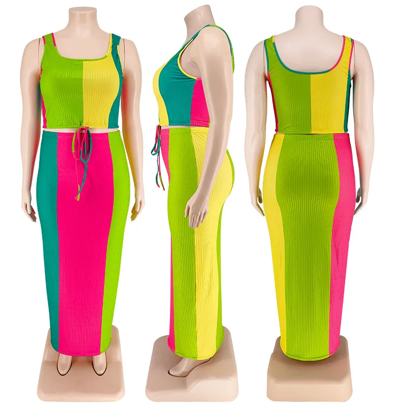 Plus Size Women 5xl Sets Ribbed Patchwork Bandage Tops And Dresses 2022 Summer Fashion Two Piece Set Lady Luxury Wholesale Cloth