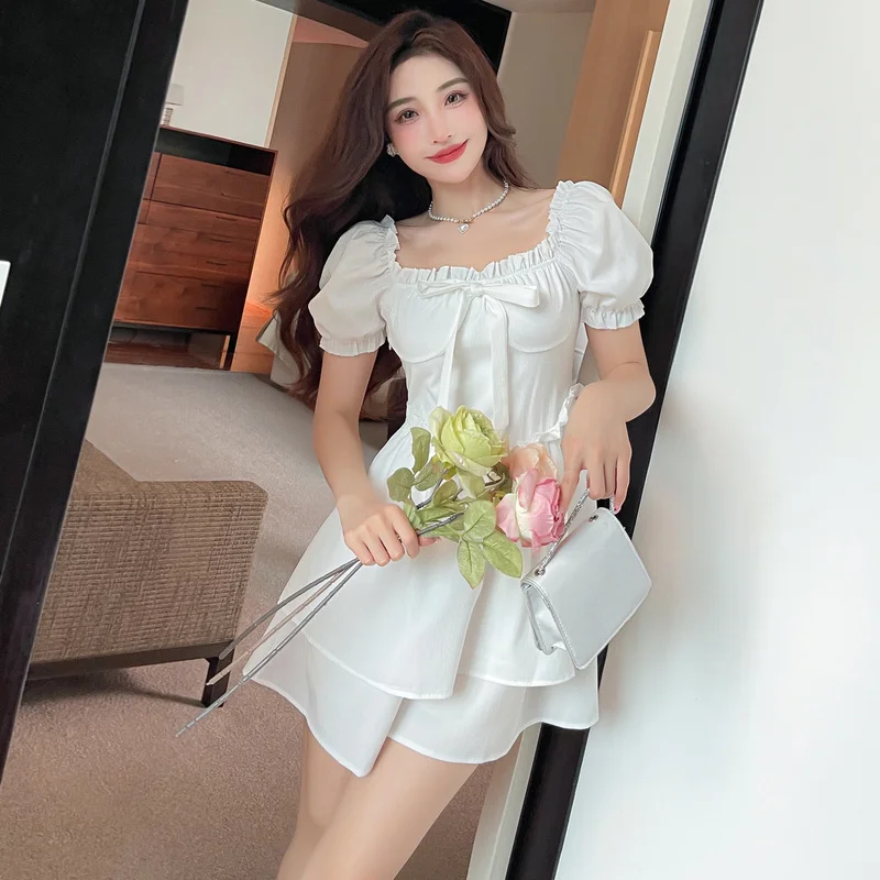 

Женское мини-платье с квадратным вырезом, повседневное приталенное однотонное платье в Корейском стиле с бантом, лето 2022