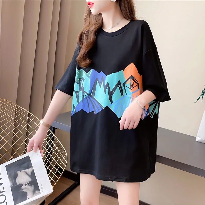 

DAYIFUN Black White Casual T-shirts Women Cotton Printed T-shirt Female Oversized Harajuku O Neck Long Tshirts for Ladies Summer