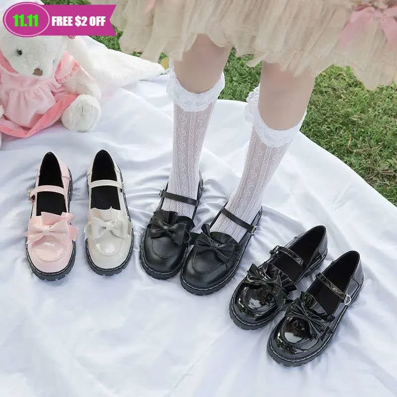 

Japanese College Students Girls Round Toe Buckle Straps Bow Shoes Lolita JK Commuter Uniform Lovelive PU Leather Shoes 3 Colors