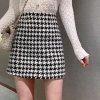 houzhou korean fashion woolen womens skirt vintage plaid houndstooth high waist a line slim mini skirts autumn winter elegant