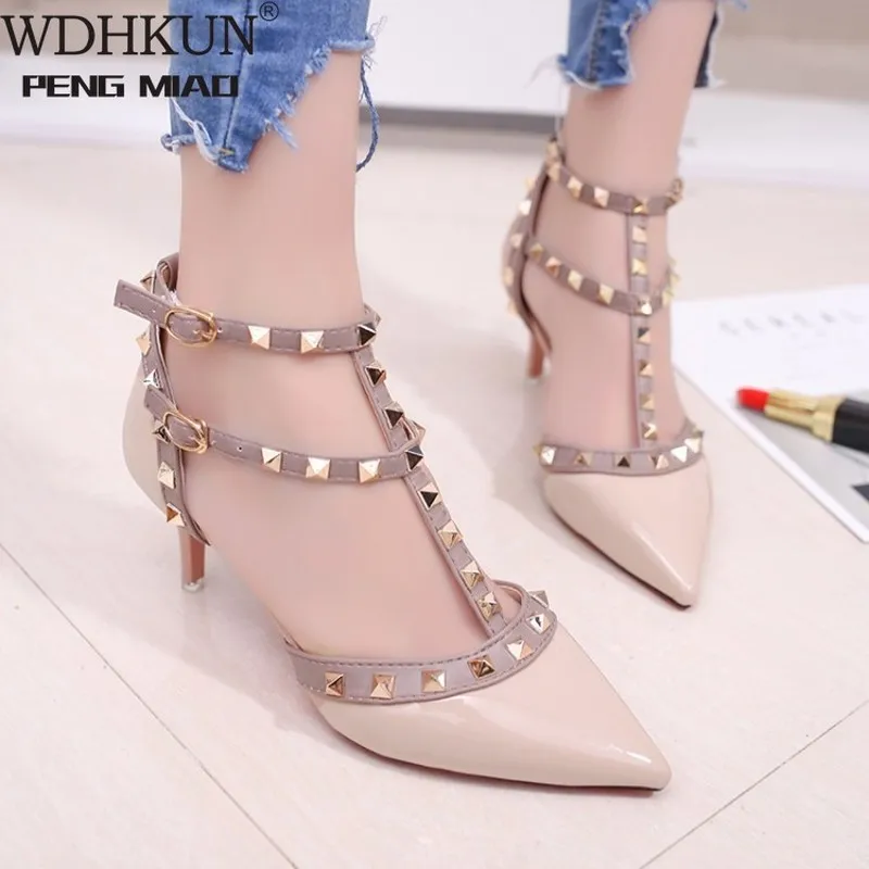 

Women's Shoes 2019 Summer Pointed High-heeled Stiletto Patent Leather Rivet Single Shoes Was Thin Buckle Women's Shoes
