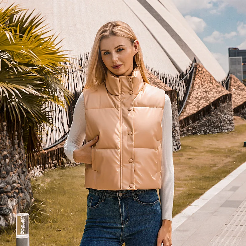 WeiYao 2023 New Arrival Sleeveless Puffer Jacket Winter Coat Women Cotton Vest Sleeveless Zipper Stand Collar PU Vest Coat XS-L