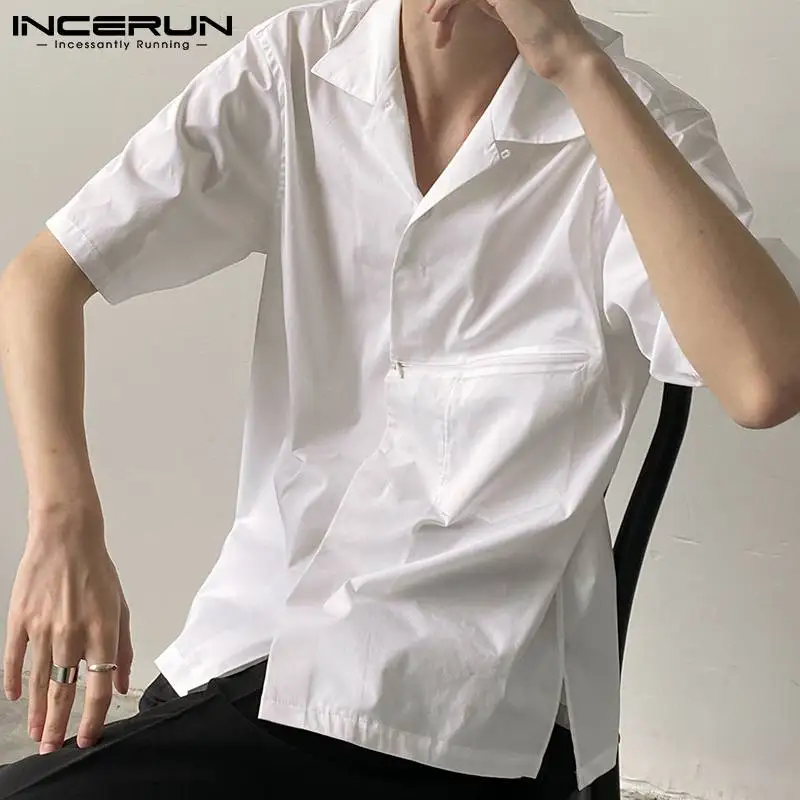 

INCERUN Fashion Men Casual Shirt Lapel Short Sleeve Zipper Solid Color Irregular Camisas Button 2022 Streetwear Men Clothing 5XL