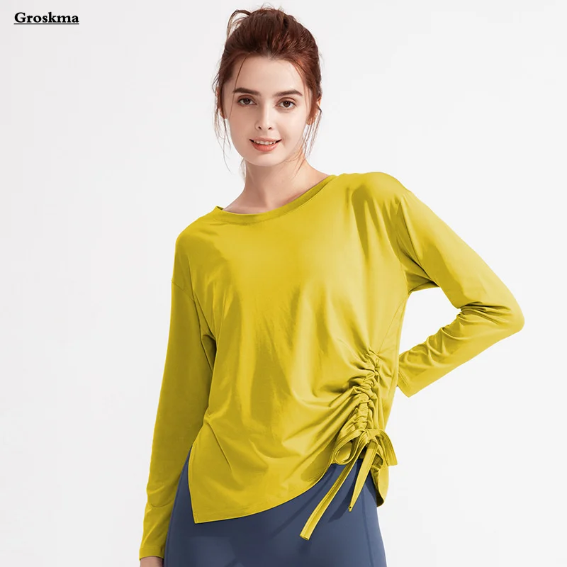 

Новое поступление, женские футболки для йоги, быстросохнущие свободные футболки для фитнеса, тренажерного зала, одежда с длинным рукавом и кулиской, ажурная спортивная одежда