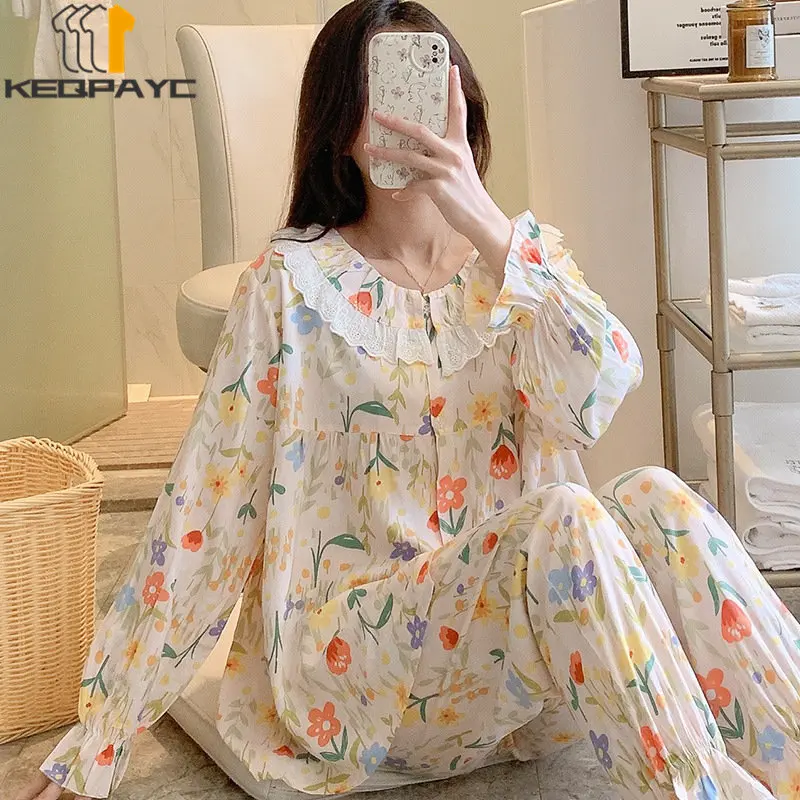 Women's Pajamas New Spring Autumn Long Sleeve Lace Cardigan Thin Sleepwear Women Flower Print Casual Nightwear Clothing Sets