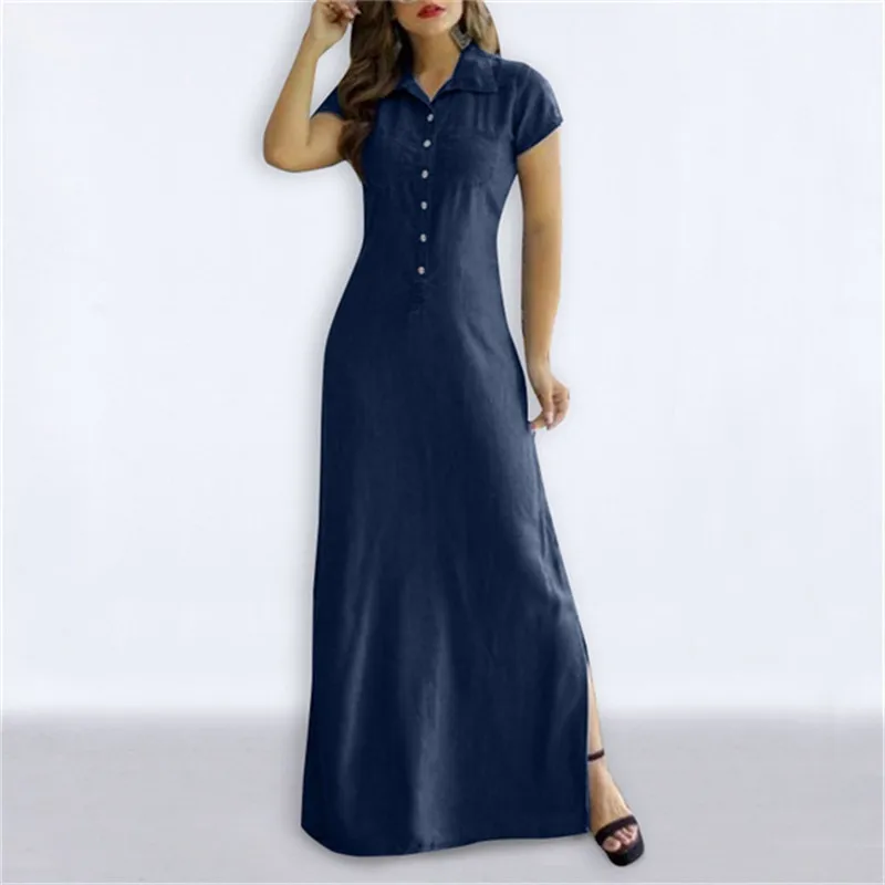 

Women Summer Denim Dress 2022 Tunic Spring Button Up V-Neck Short Sleeve Pocket Maxi Dresses Plus Size Long Dresses Vestidos 5XL