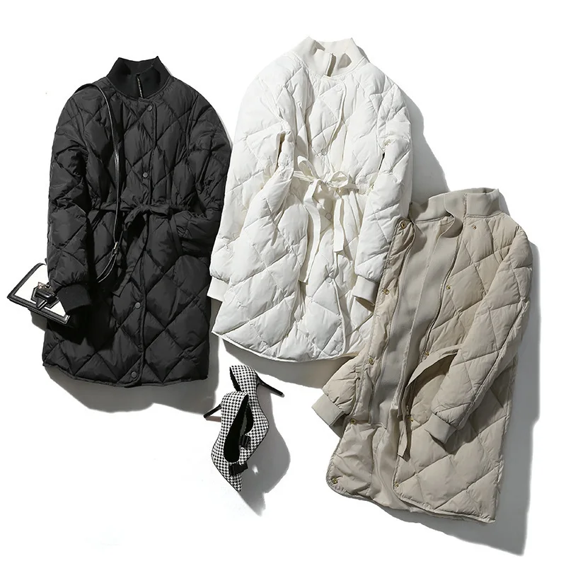 Фото Women's down jacket medium length standing collar slimming body, waist closed white eiderdown coat fashion warm windbreaker coat №1
