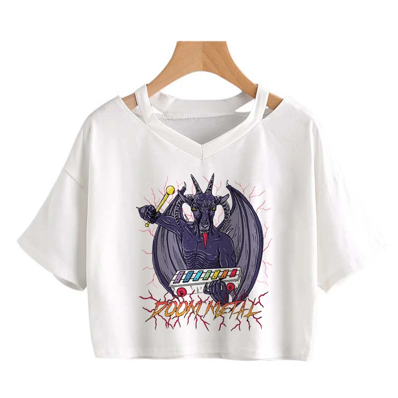 Женский укороченный топ с коротким рукавом черный в стиле панк-рок V-образным