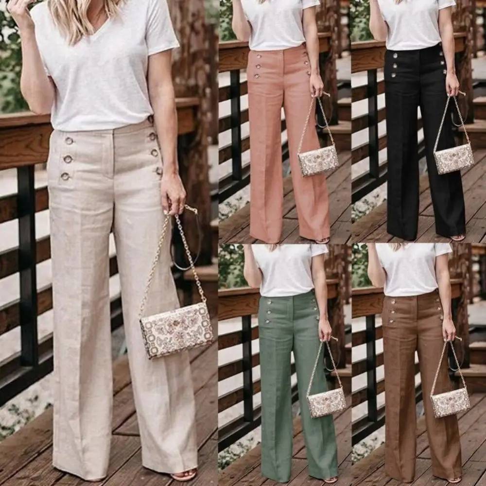 

Women Button Trousers Pants Cotton Long Solid Color Wide Leg High Waist Buttons Linen Trousers