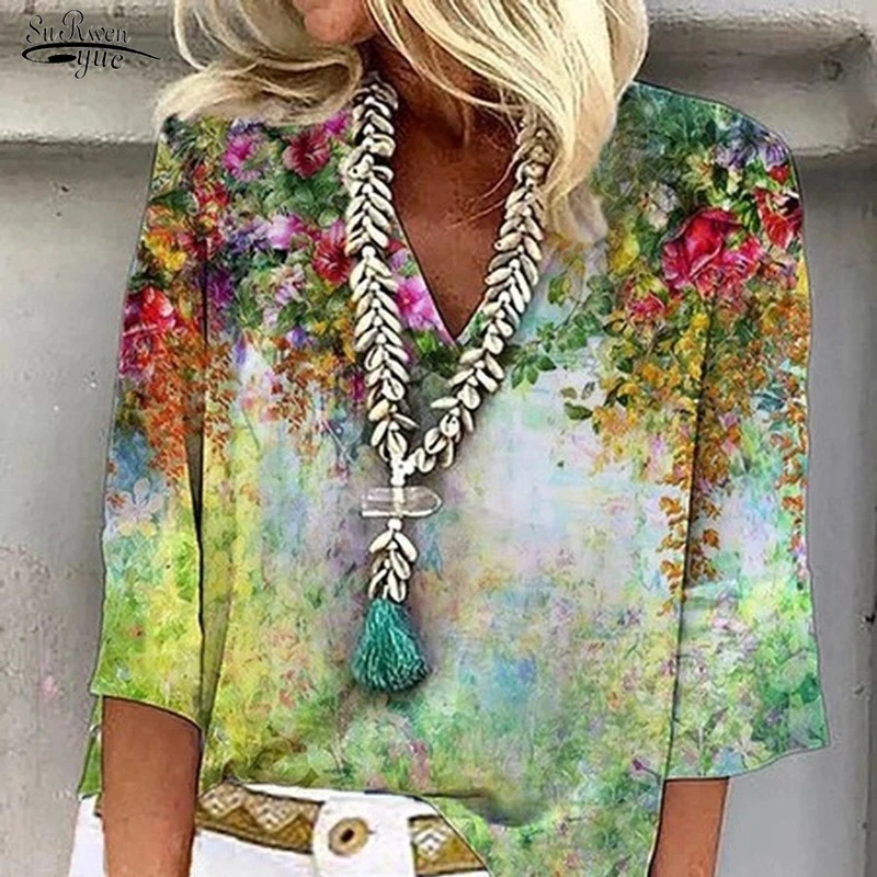 

2022 Summer Women's New Printed T Shirt Office Lady Casual Blouse Ladies' Tops Floral V-Neck Short Sleeve T-Shirt Blusa 20712