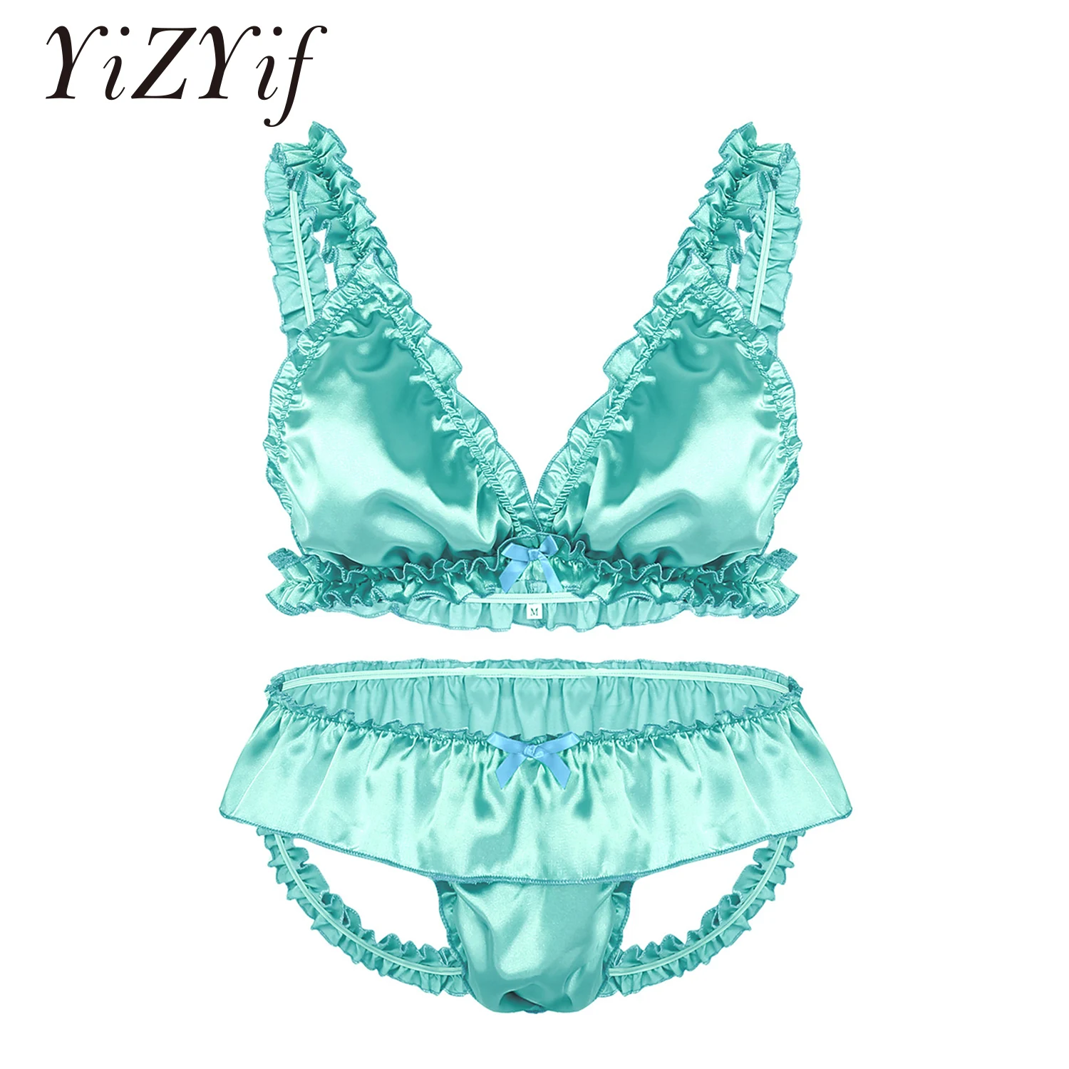 

YiZYiF Sexy Men Sissy Underwear Set Soft Satin Panties Elastic Frilly Ruffled Lingerie Set Men's Bra Top with Open Back Briefs