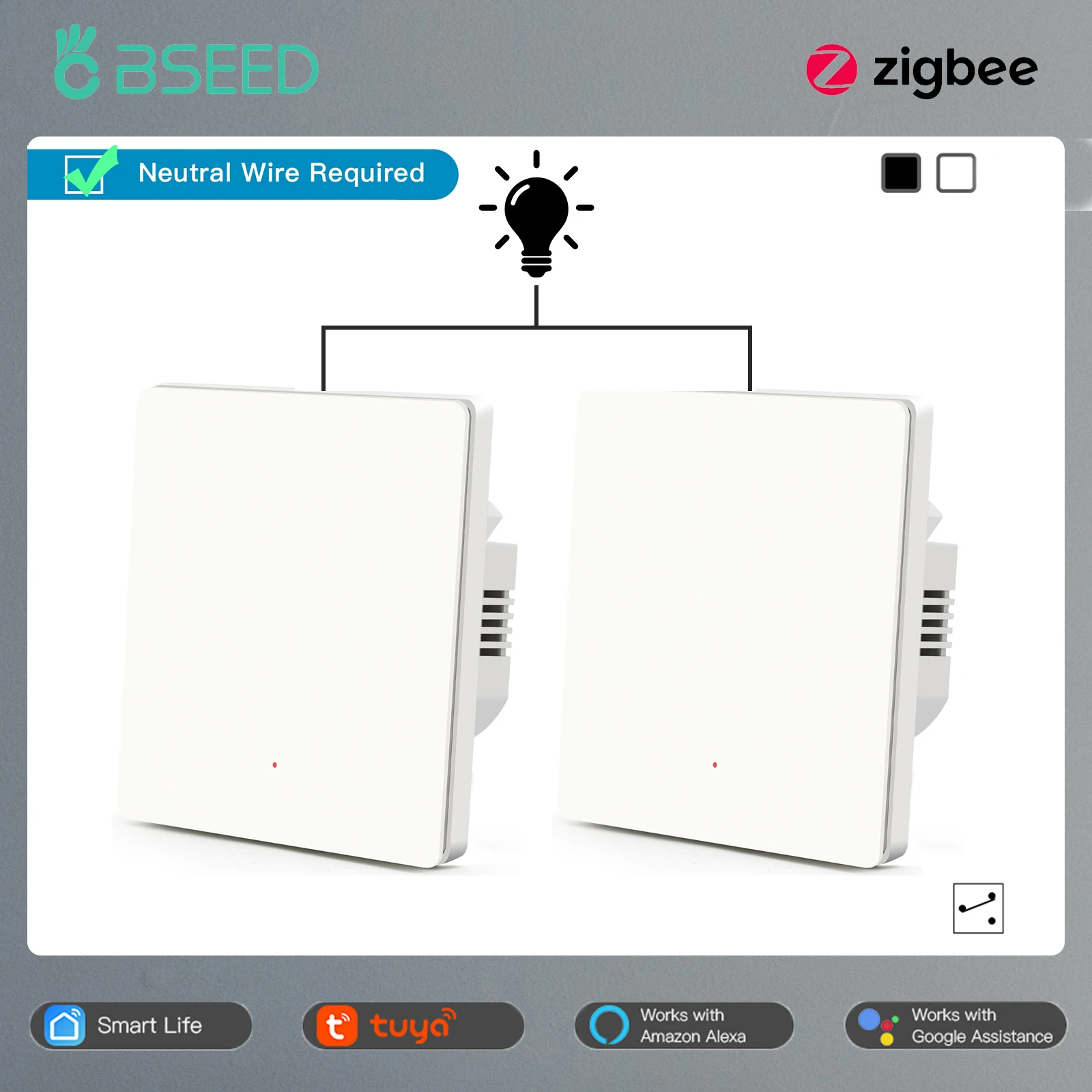 

BSEED 2Packs Zigbee Push Button Switch 1Gang 2Way Automatic Rebound Wall Light Switch Google Home Alexa Control Need Neutral
