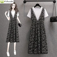 2022 spring and summer new korean fashion casual printed lace strap dress two piece suitset of two fashion pieces for women