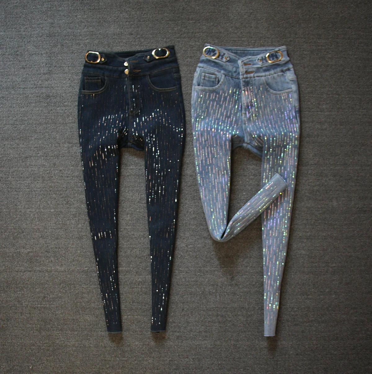 

Новинка Зима 2022, Джинсы женские с высокой талией, металлическими пряжками и хроматической полосой, со сверкающими бриллиантами, 7582 футов