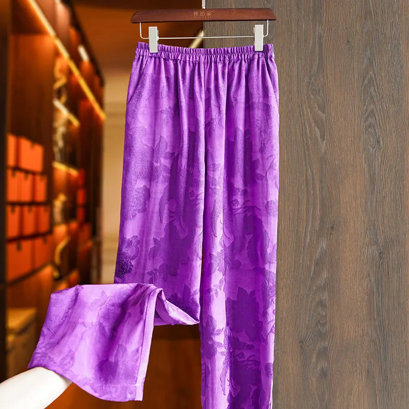 

Retro Women's 2022 Spring New Silk Elastic High Waist Wide Leg Pants Original Design High-Waisted Double-Sided Jacquard S-XL