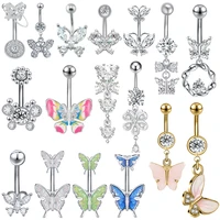 zs 1piece 14g butterfly design pendant belly button ring for women stainless steel crystal dangle navel piercings body jewelry