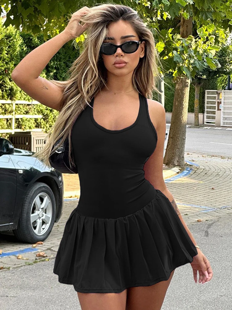 

Sibybo Tennis Style Playsuit Sexy Hot Girl With Hollow Straps Playsuit Solid Color Vest And Short Culottes Women's Sportswear