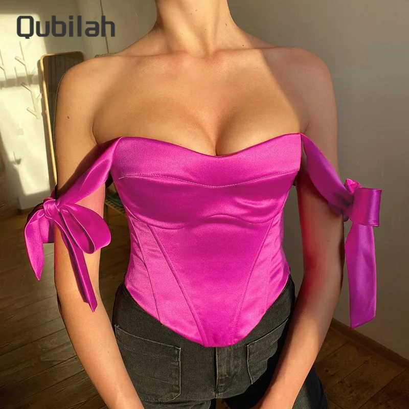 

Women's Corset Sleeveless Crop Top Tanks and Camis Summer New Off Shoulder Bandage Sexy Satin Tube Top Y2K Fashion Woman Clothes