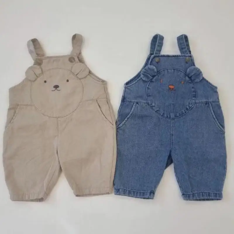 

Комбинезон джинсовый для новорожденных девочек, повседневный Универсальный однотонный хлопковый комбинезон с милым медведем, штаны без ру...