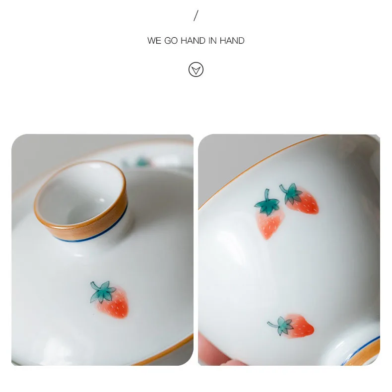 Pure Hand-painted Strawberry Art Ceramic Tea Tureen White Porcelain Sancai Covered Bowl With Cover Household Kung Fu Teaware