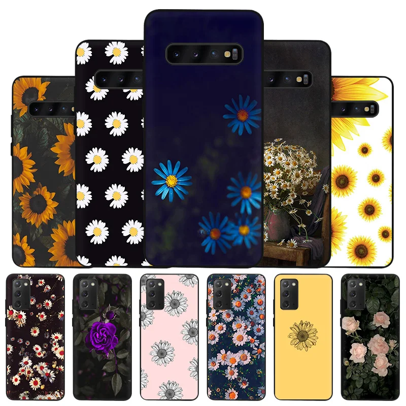 

Fashion Sunflower Daisy Rose Black Phone Case for Samsung A03 A50 A70 F62 F52 A30 A20 A02s F42 F23 A40 A10 F12 F22 F41 A90 Cover