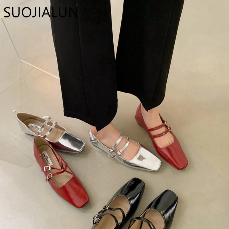 

SUOJIALUN 2023 Spring New Women Flat Shoes Fashion Square Toe Shallow Ladies Mary Jane Ballerinas Flat Heel Casual Ballet Shoes