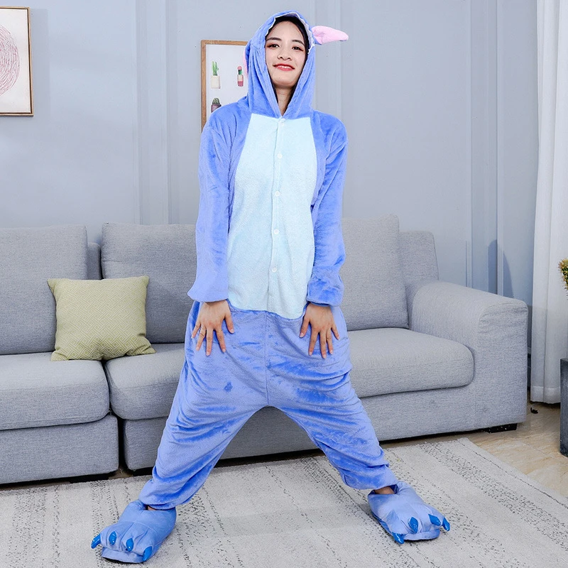 Unisex Adult Kigurumi Flannel Onesie Pajamas Cartoon Animal Cosplay Jumpsuits Sleepwear Halloween Party Costume Hooded Pyjamas