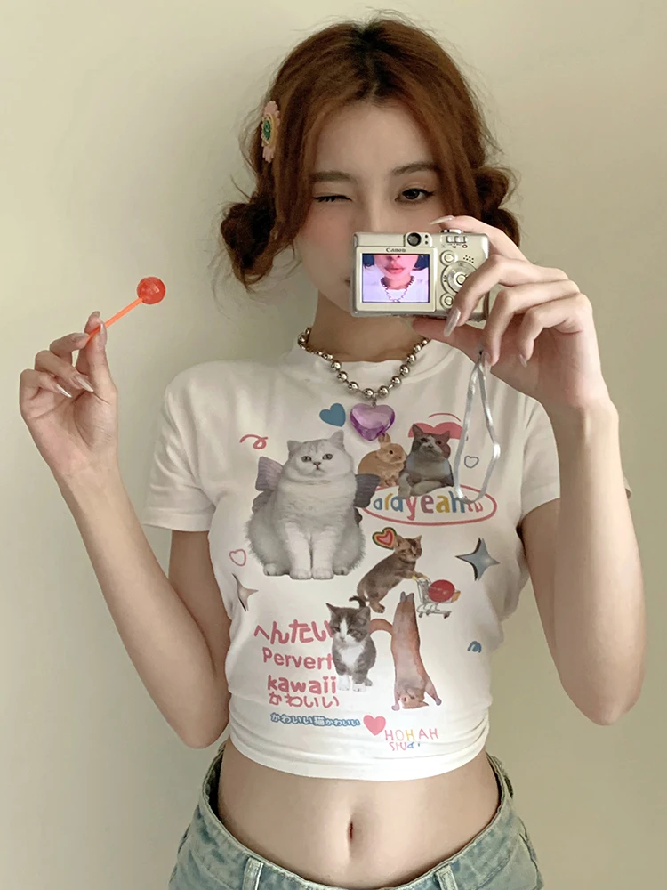 Фото Японский y2k Kawaii Cat Print короткий рукав Tee Women Grunge кроп-топы Fairycore Graphic футболка E-girl 2000s корейская мода №5
