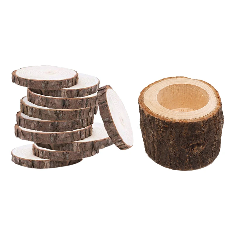 

1X Vintage Wooden Tree Branch Candle Holder Wood Tea Light Candlelight Dinner Deco Medium & 10Pcs 10-12CM Wood Log Slices Discs