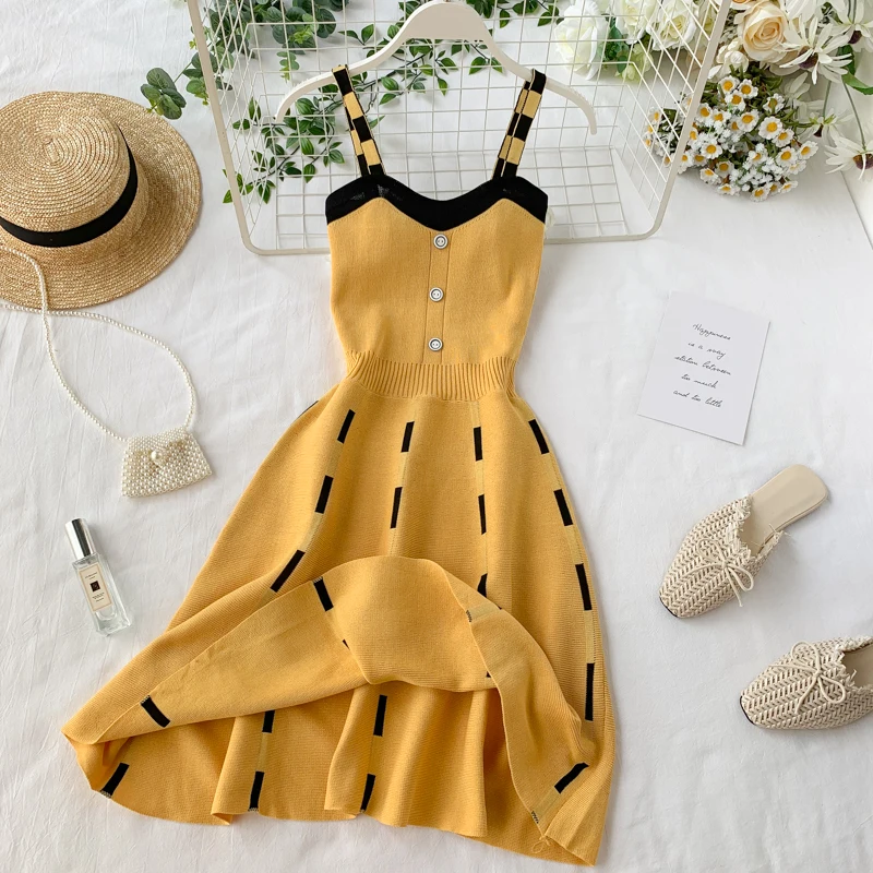 

Chic Vintage Off Shoulder A-line Knit Slip Dress Sexy Striped Korean Fashion Beach Party Sundress Women Elegant Slim Vestidos