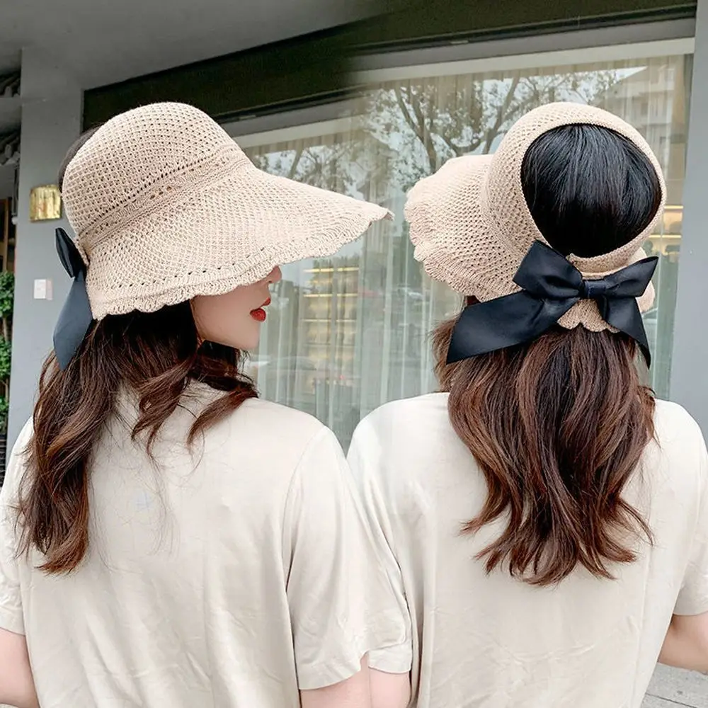 

Female Bowknot Outdoor UV Protection Holiday Summer Sun Hat Wide Brim Beach Hat Women Straw Hat Empty Top Visors Cap