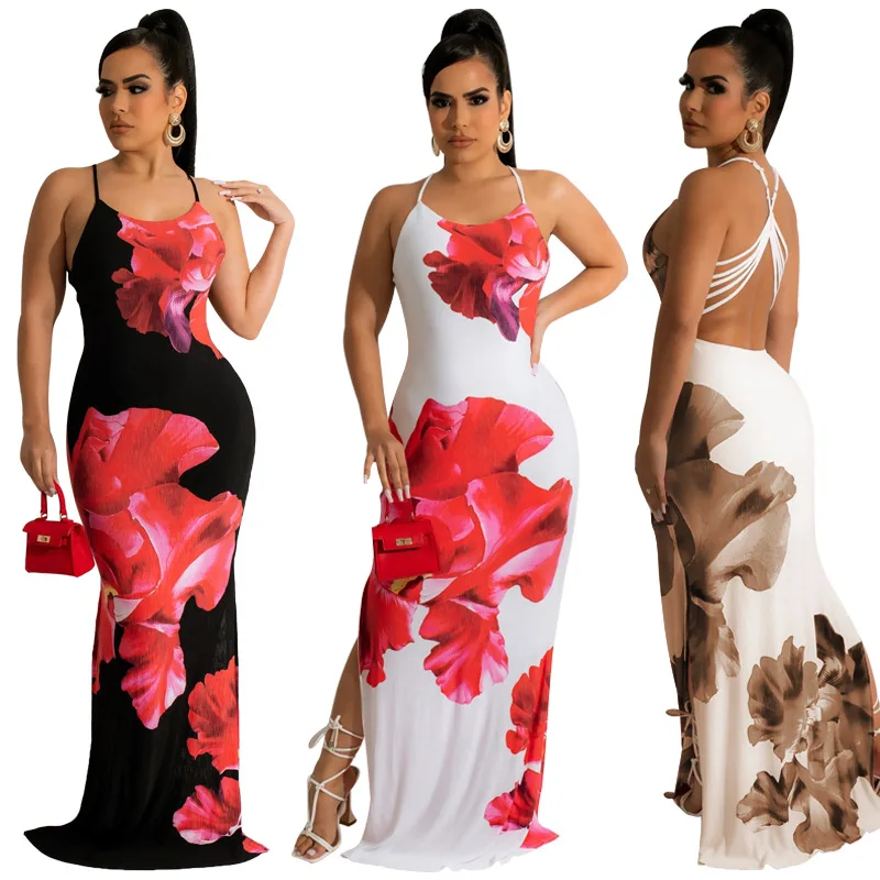 

Summer Boho Maxi Dress Women Red Flowers Print Open Back Cross Long Beach Dress Vestidos Elegant Hollow Out S to 5XL