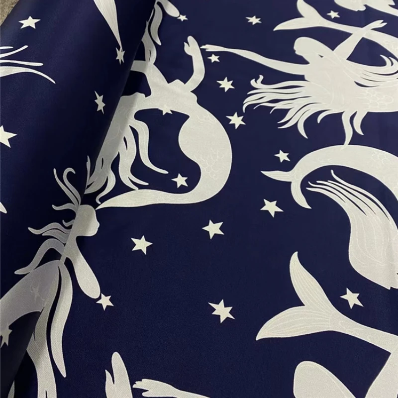 

Stretch Twill Silk Fabric New Navy Mermaid Printed Mulberry Silk Summer Shirt cloth for dress by the yard