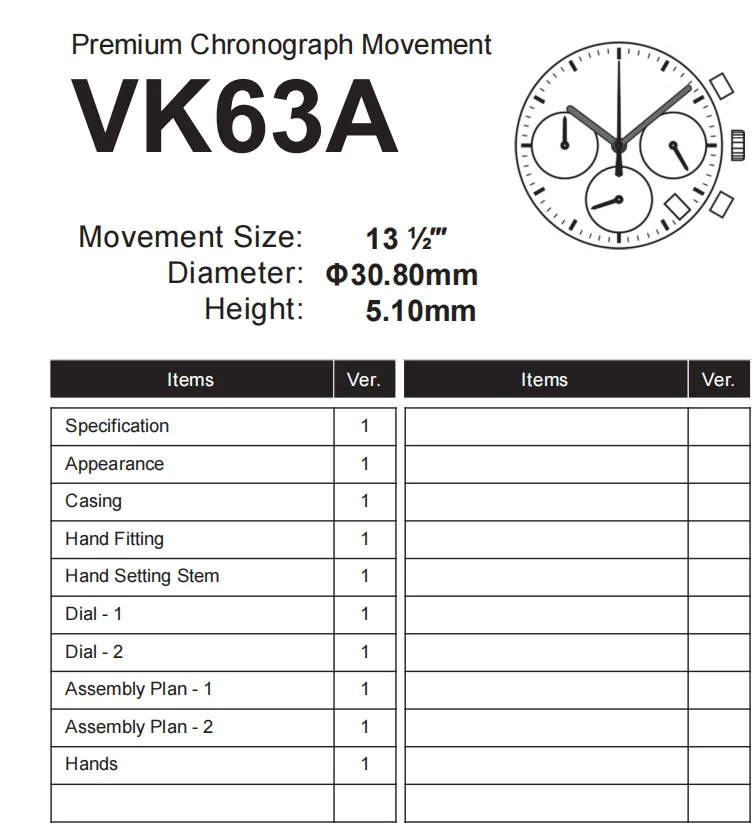 Preminum Japan VK63 VK63A Quartz Movement Chronograph 24 Hours Replace for Watch Single Calendar 0 Jewels