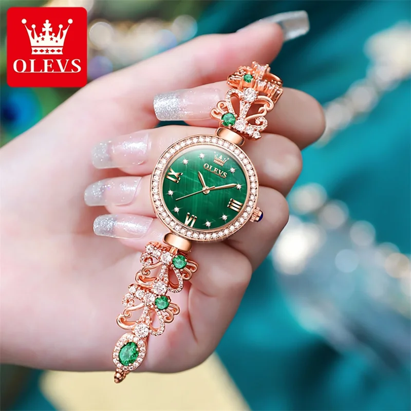 OLEVS New Women's Fashion Green Dial Quartz Watches Waterproof Elegant Rose Gold Stainless Steel Strap Ladies Bracelet Watch