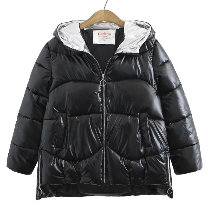 5XL Winter Parka Plus Size Women Clothing Loose Hooded Black Padded Jacket Casual Zipper Decoration Shiny Thick Down Cotton Coat