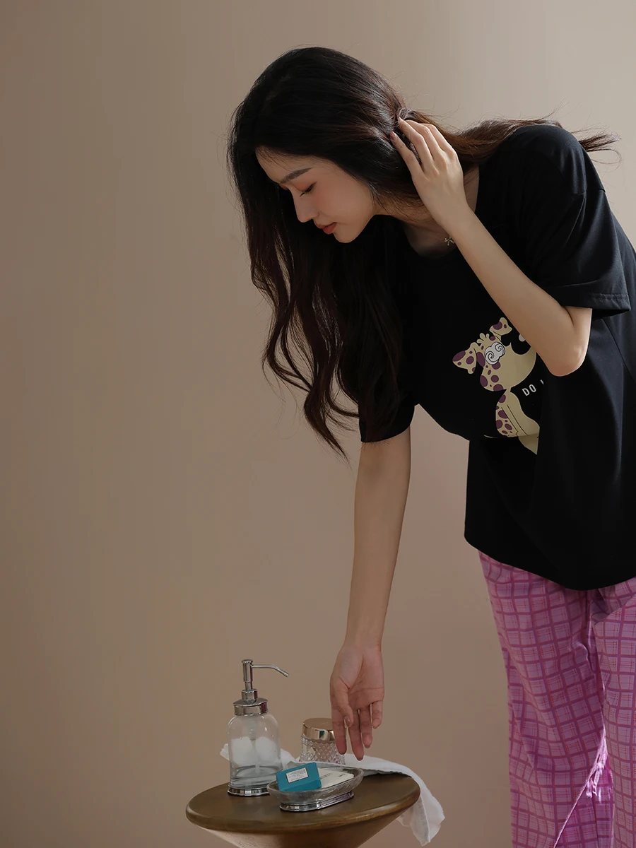 Новинка 2024 женские летние пижамы хлопковые брюки с круглым вырезом и короткими