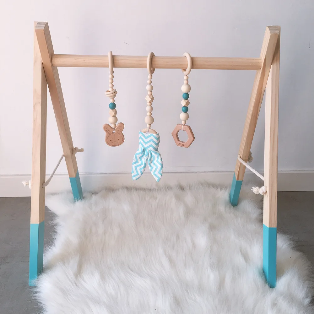 Wooden Baby Gym Rack with Toys Activity Hanging Bar Newborn Gift Girl and Boy Infant Natural Color Playmat Foldable Play Frame