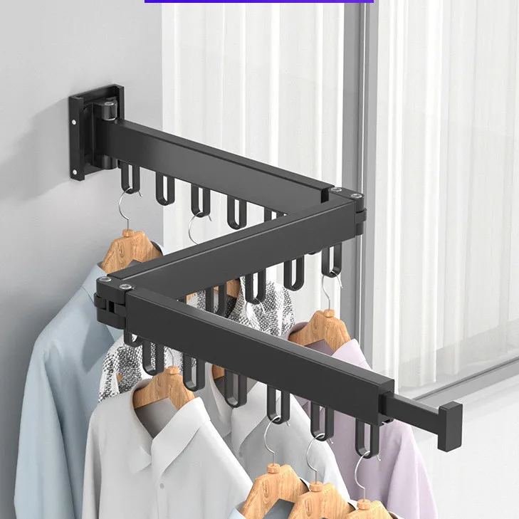 

No Punching Telescopic Folding Drying Rack Rod Outside Window Rotating Against Wall Balcony Home Clothes Organizer Save Space