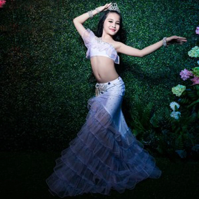 Костюм для танца живота в стиле принцессы, комплект из 2 предметов, топ + юбка, платье для восточных танцев для девочек, новинка 2018