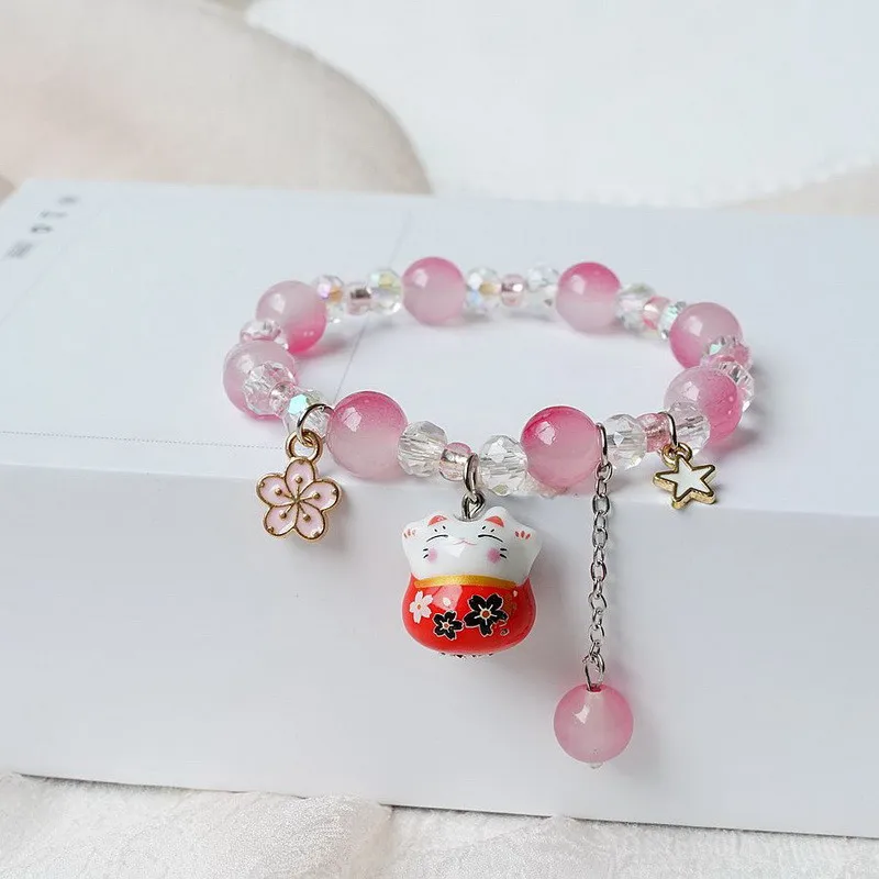 

Japan Cherry Blossoms Cartoon Fortune Cat Bracelets for Women Fashion Flower Star Ceramics Cat Beaded Bracelet Jewelry Gifts
