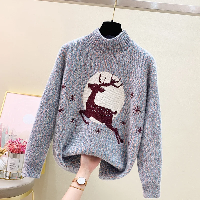 

Fall Winter Mock Neck Thick Women's Christmas Elk Sweater Loose Long Sleeve Tops Velvet Deer New Knitwear Jumper Sweaters 0227