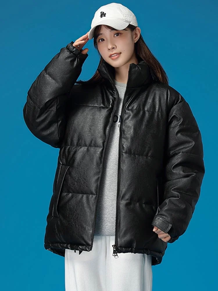 Winter Warm Thick PU Leather Coats Women Short Parkas Fashion Black Cotton Padded Down Jacket Female Winter Clothes