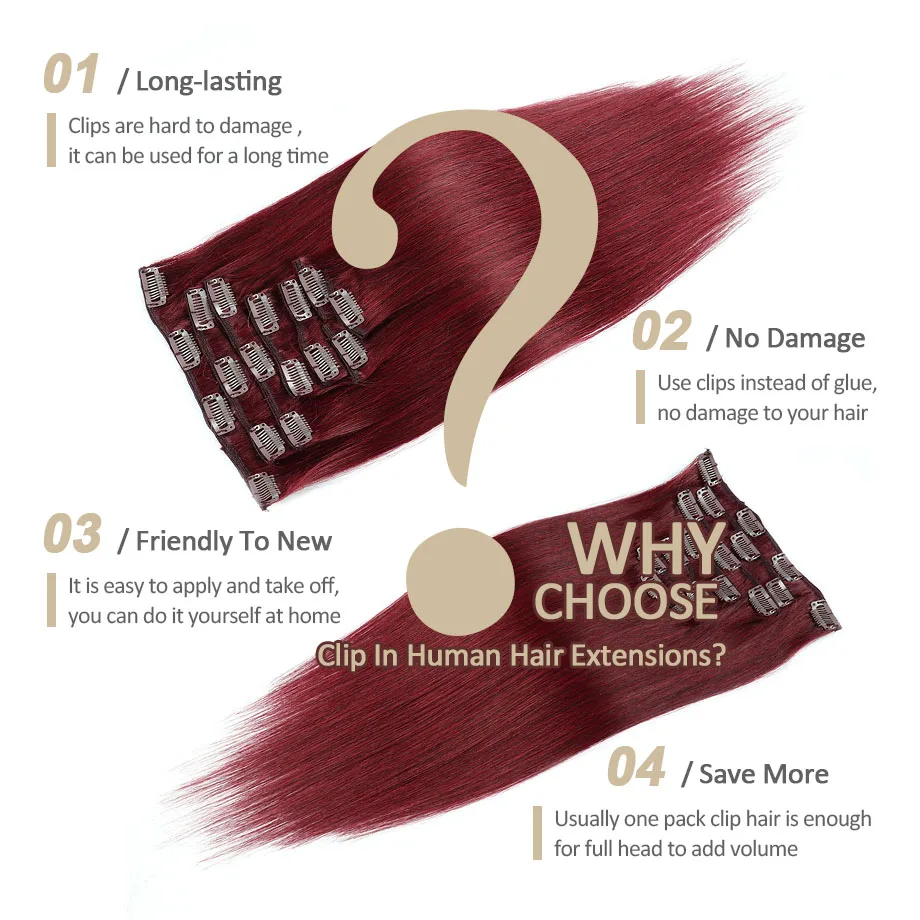 Накладные волосы на клипсе бордовые 100% натуральные человеческие 14-20 дюймов 7 шт. 70