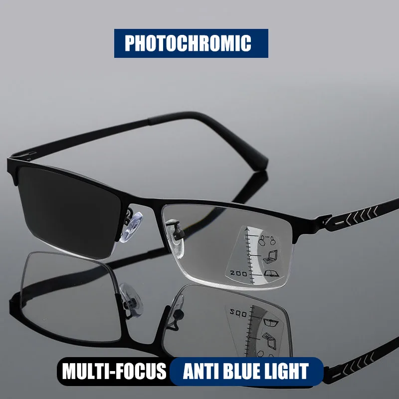 

HUYING Half Frame Photochromic Reading Glasses Men Women Progressive Multi-Focus Anti Blue Light Hyperopia Presbyopia Glasses