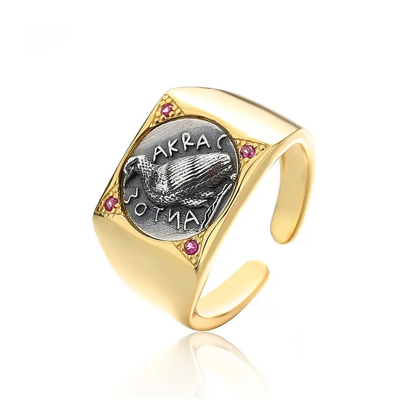 

YAP-3 ZFSILVER Silver S925 Fashion Trendy Luxury Retro Gold Crab Seahawk Ancient Coins Rings Women Girls Wedding Party Jewelry