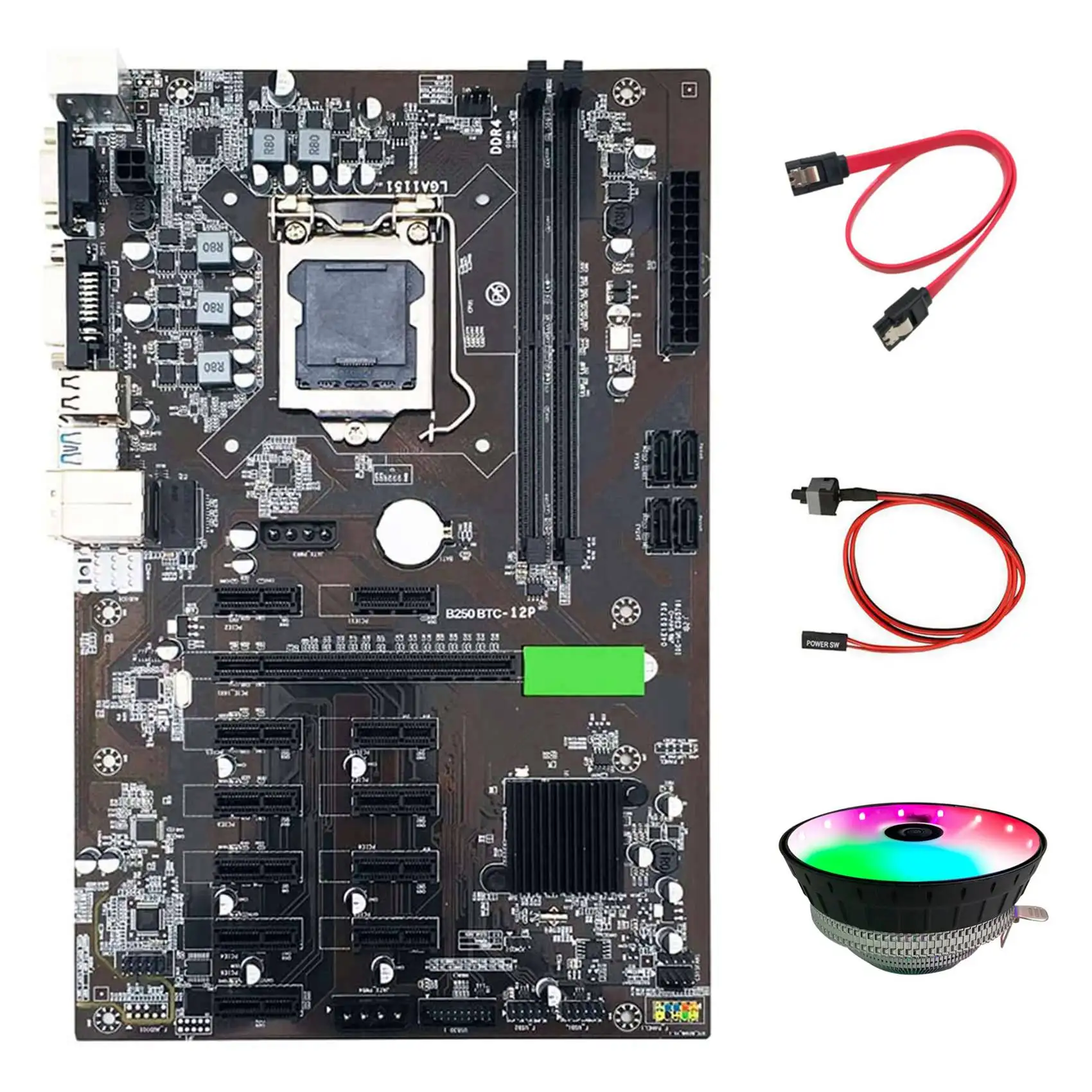 

Материнская плата B250 BTC Miner с кулером охлаждения ЦП RGB + кабель переключения + кабель SATA 12 слотов для графической карты LGA 1151 DDR4 для BTC